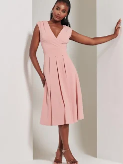 Yuina Scuba Pleated Flare Midi Dress, Pink