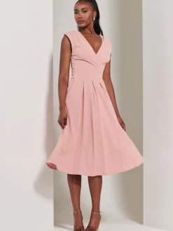 Yuina Scuba Pleated Flare Midi Dress, Pink