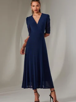 Zeena Plain Wrap Mesh Maxi Dress, Navy