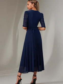 Zeena Plain Wrap Mesh Maxi Dress, Navy