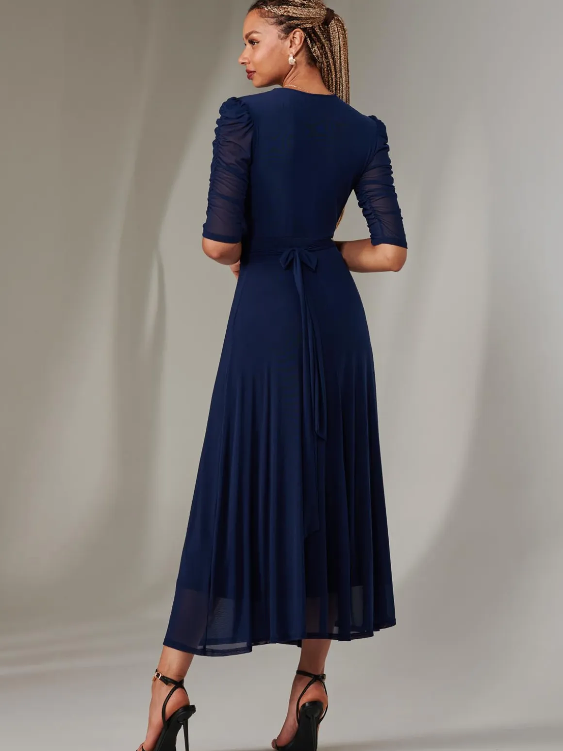 Zeena Plain Wrap Mesh Maxi Dress, Navy