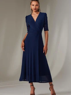 Zeena Plain Wrap Mesh Maxi Dress, Navy
