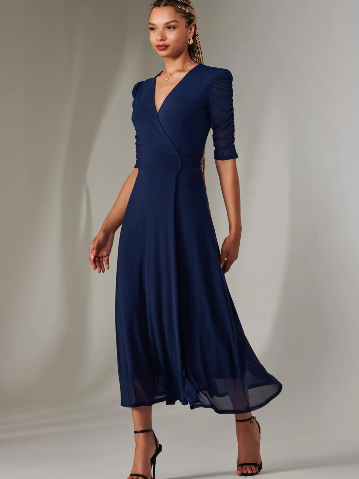 Zeena Plain Wrap Mesh Maxi Dress, Navy