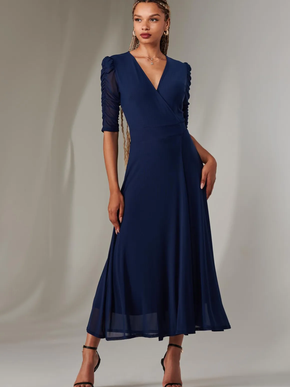 Zeena Plain Wrap Mesh Maxi Dress, Navy
