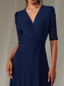Zeena Plain Wrap Mesh Maxi Dress, Navy