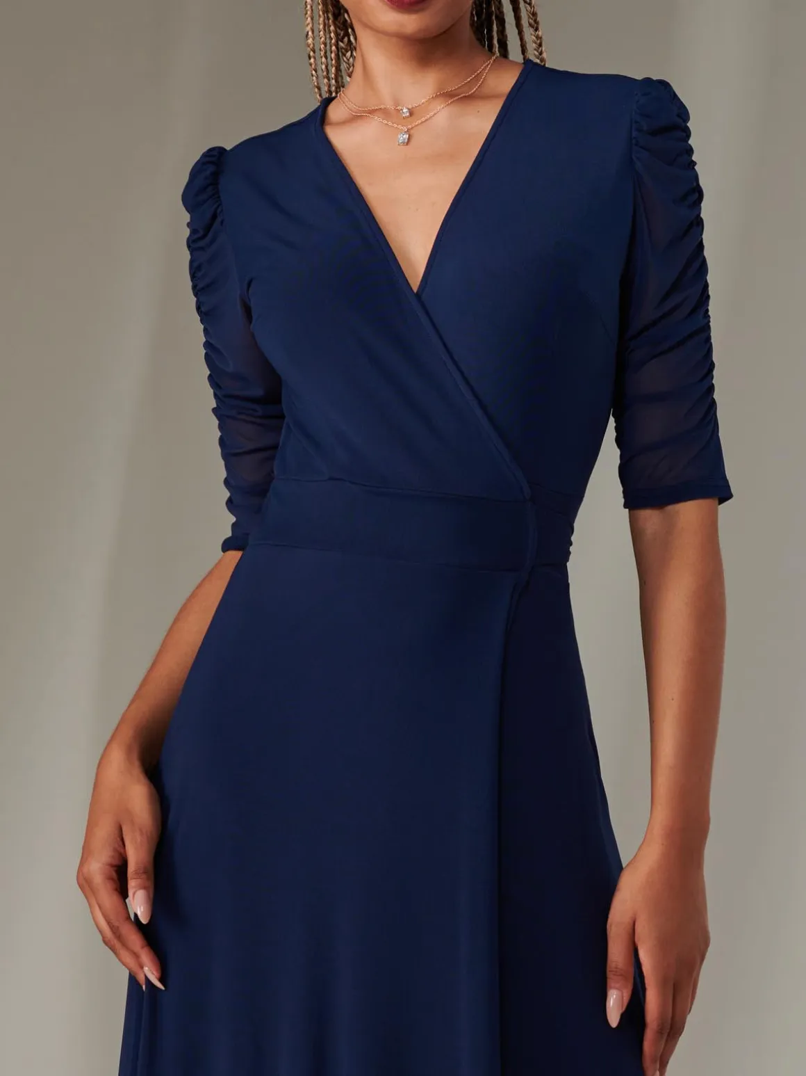 Zeena Plain Wrap Mesh Maxi Dress, Navy