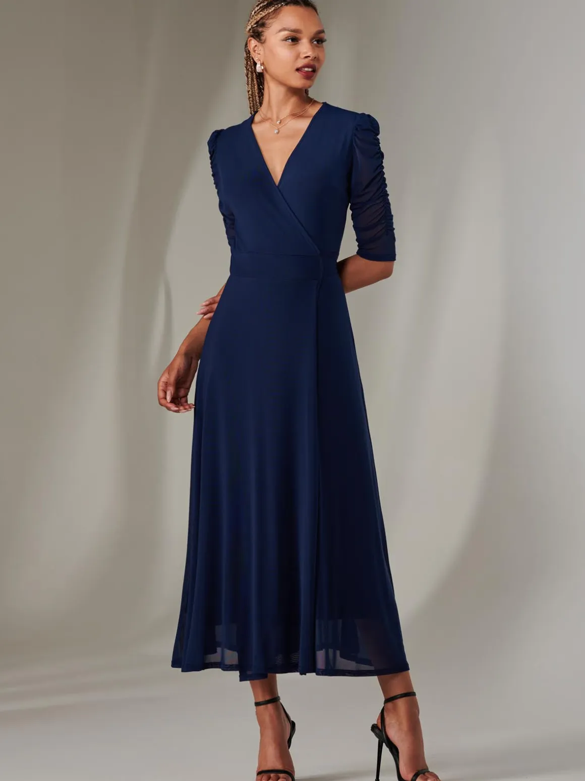 Zeena Plain Wrap Mesh Maxi Dress, Navy