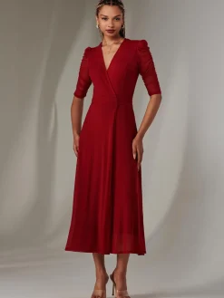 Zeena Plain Wrap Mesh Maxi Dress, Wine