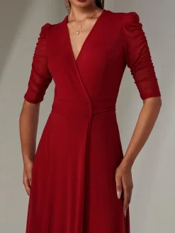 Zeena Plain Wrap Mesh Maxi Dress, Wine