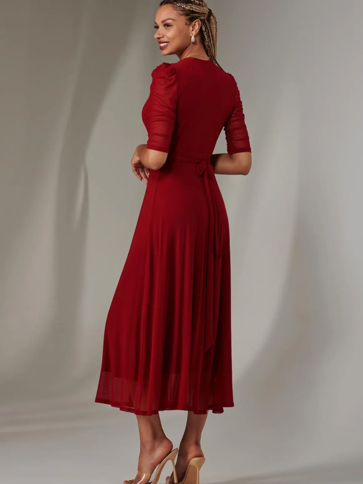 Zeena Plain Wrap Mesh Maxi Dress, Wine
