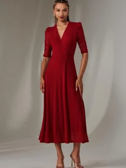 Zeena Plain Wrap Mesh Maxi Dress, Wine