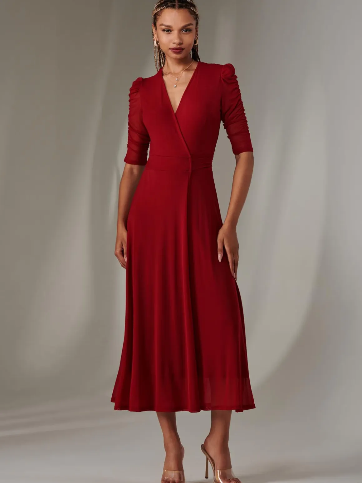 Zeena Plain Wrap Mesh Maxi Dress, Wine