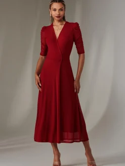 Zeena Plain Wrap Mesh Maxi Dress, Wine