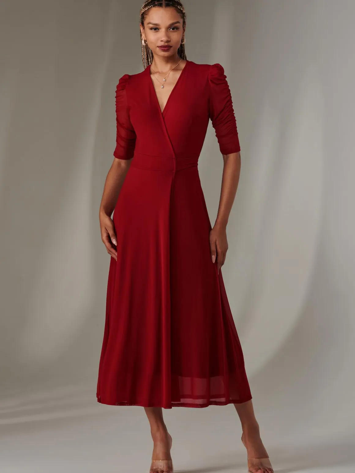 Zeena Plain Wrap Mesh Maxi Dress, Wine