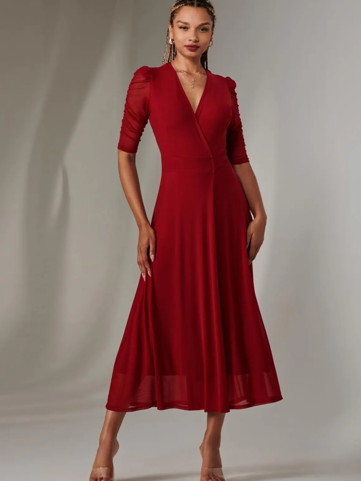 Zeena Plain Wrap Mesh Maxi Dress, Wine