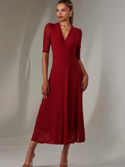 Zeena Plain Wrap Mesh Maxi Dress, Wine