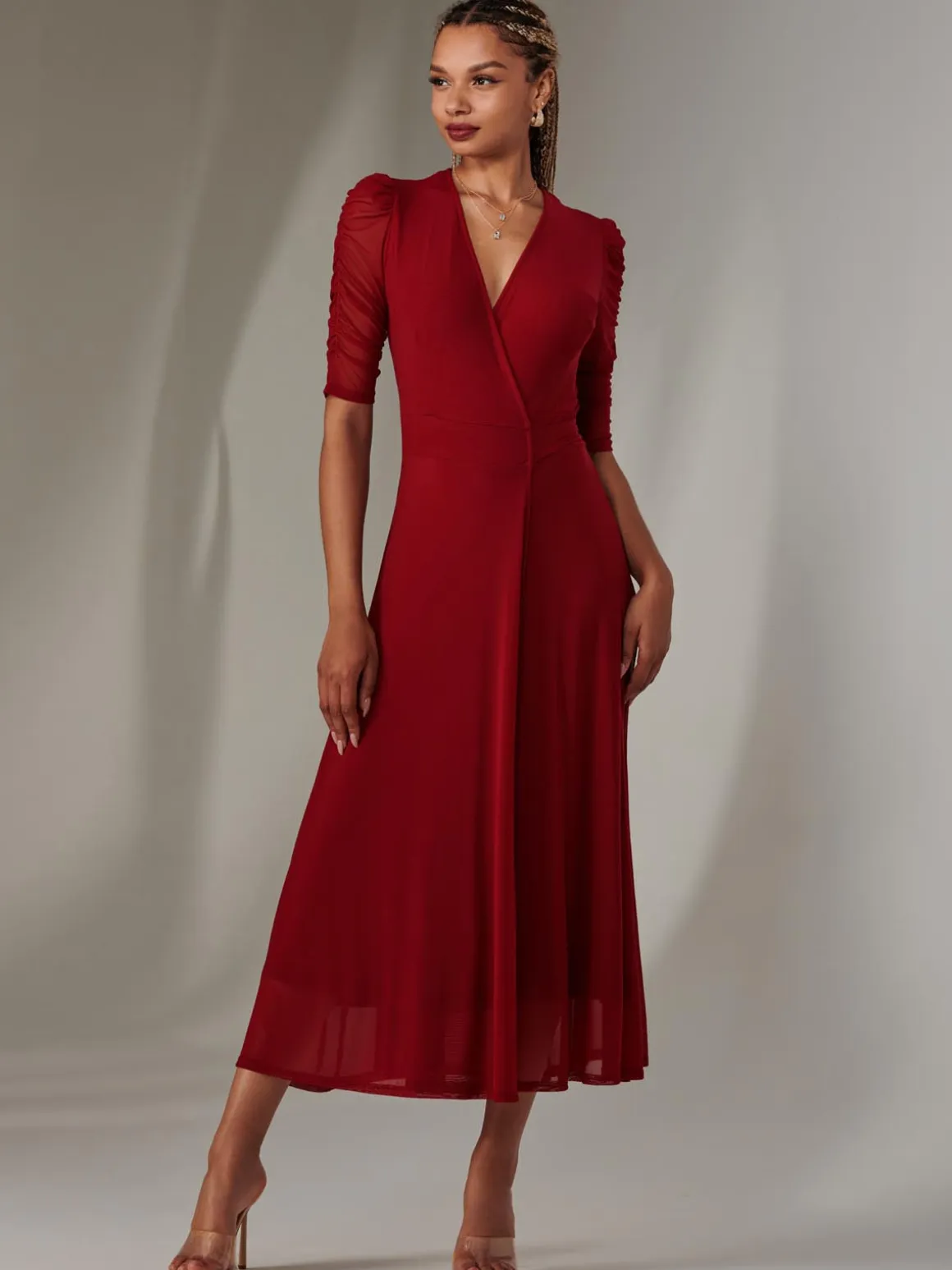 Zeena Plain Wrap Mesh Maxi Dress, Wine